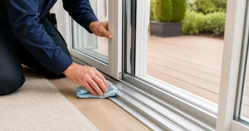 technician inspecting a sliding patio door track in St. Marys