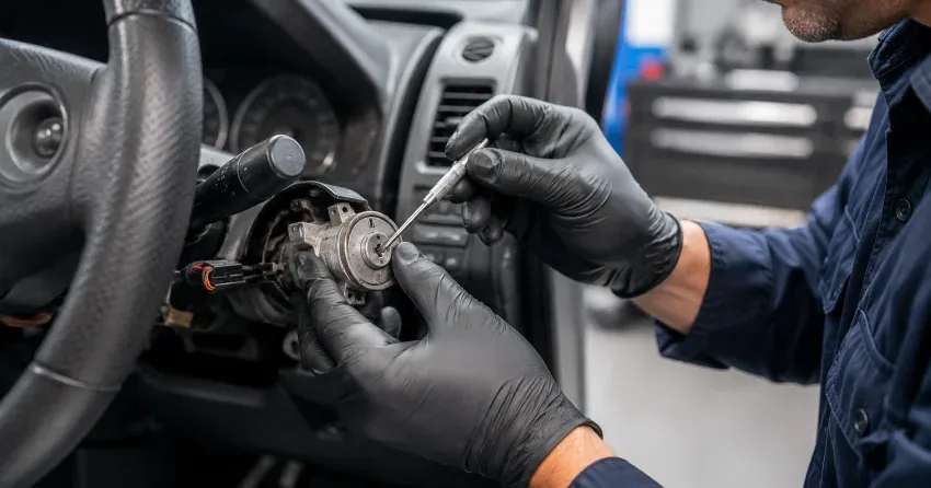 technician diagnosing an ignition lock repair issue in St. Marys