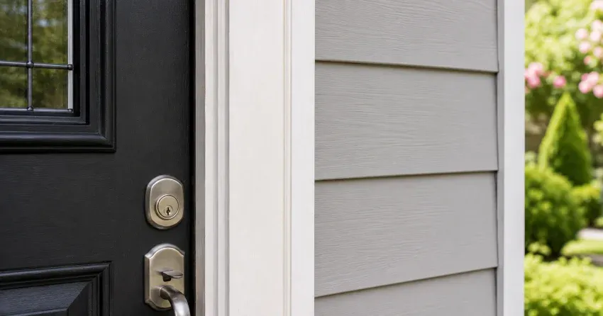 technician inspecting door jamb behind cracked casing in Lind, St. Marys home