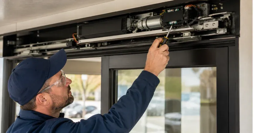 technician completing automatic door repair on residential property in St. Marys