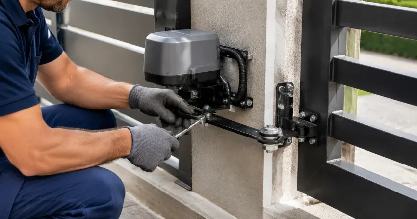 technician diagnosing automatic gate motor and control panel in St. Marys