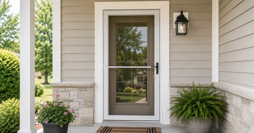 technician hanging storm door square and plumb in St. Marys