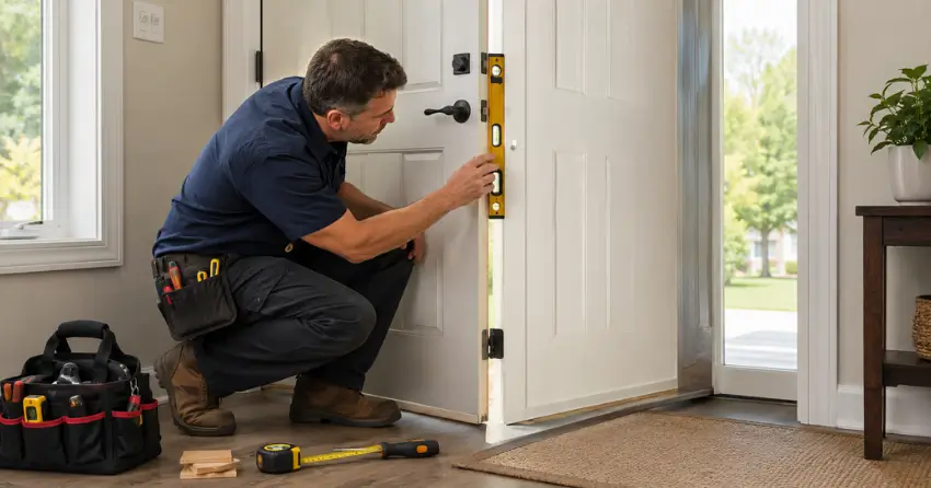 technician diagnosing a misaligned door frame in St. Marys