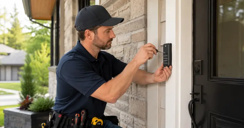 Technician installing an access control system keypad beside a residential front door in St. Marys