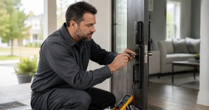 technician diagnosing automatic door lock mechanism on residential door in St. Marys Junction, St. Marys