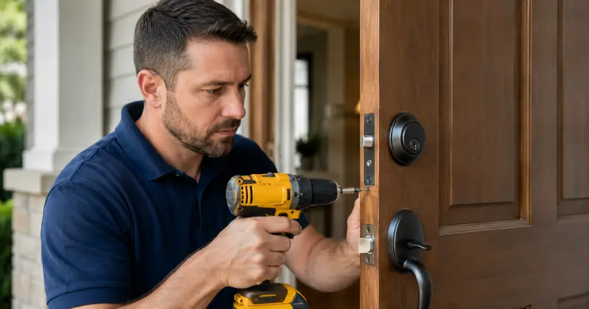 technician installing a new deadbolt during Change Door Lock St. Marys service