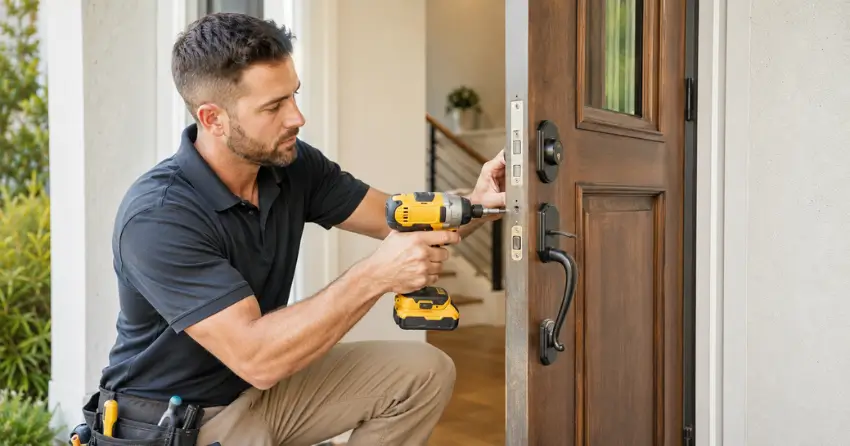 locksmith installing new deadbolt lock on front door in St. Marys