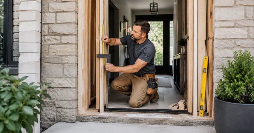 exterior door installer assessing rough opening in St. Marys