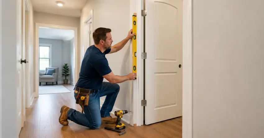 technician installing a pre-hung interior door in a home hallway Lind, St. Marys