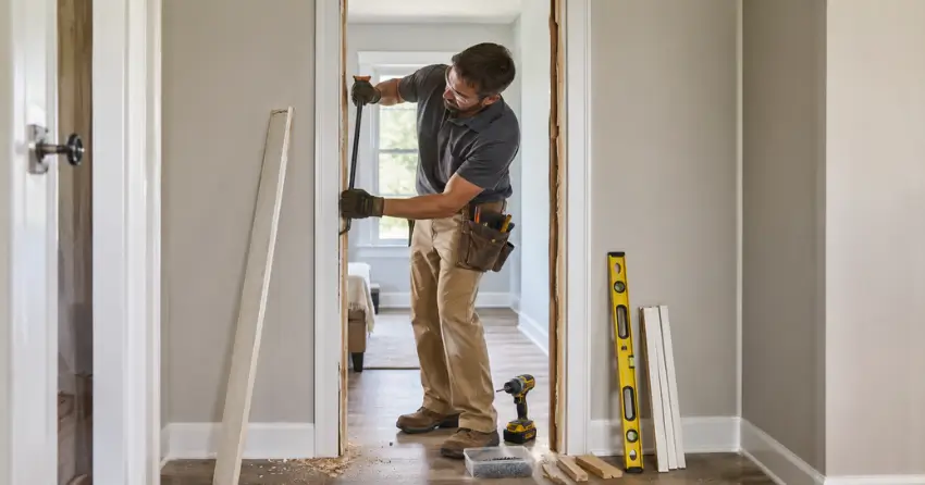 technician removing an old interior door frame during installation Lind, St. Marys
