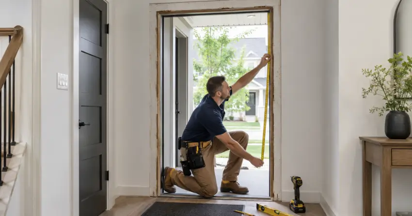 technician measuring a door frame before new door installation in St. Marys