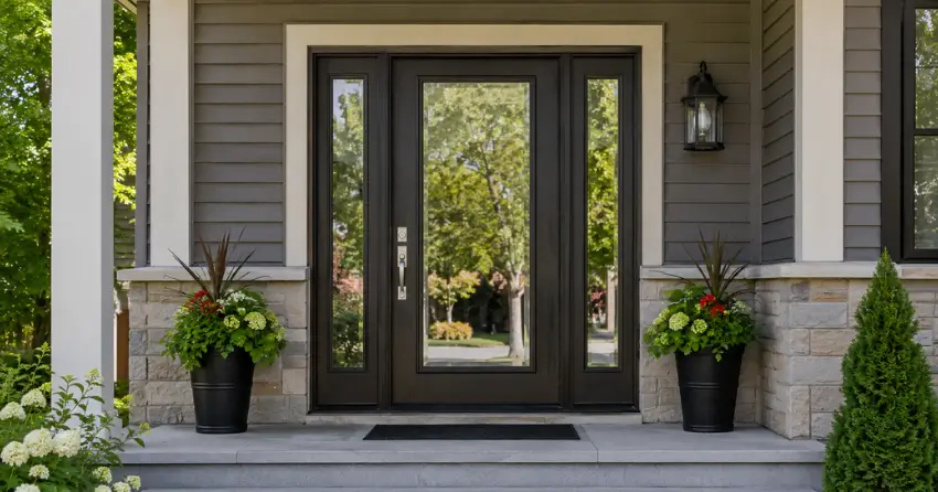 glass entry door with sidelights on a home in St. Marys