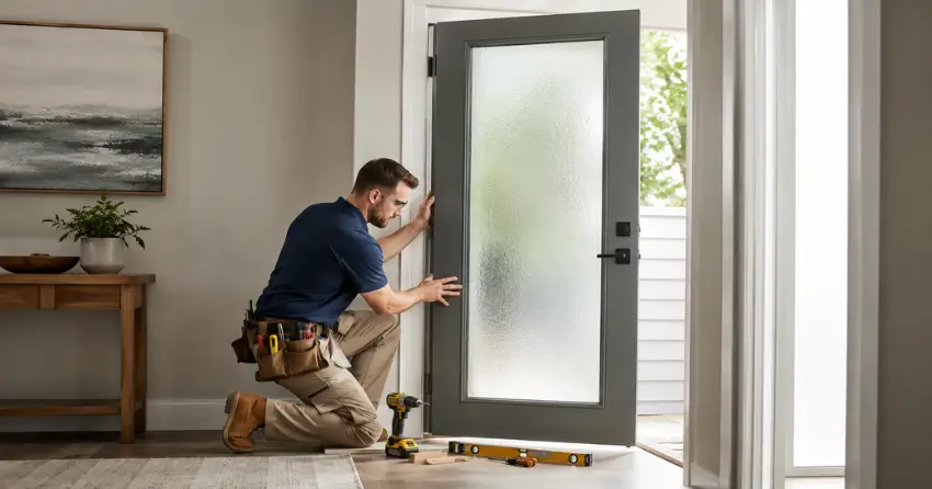glass panel door installation with frosted privacy glass in residential setting in St. Marys