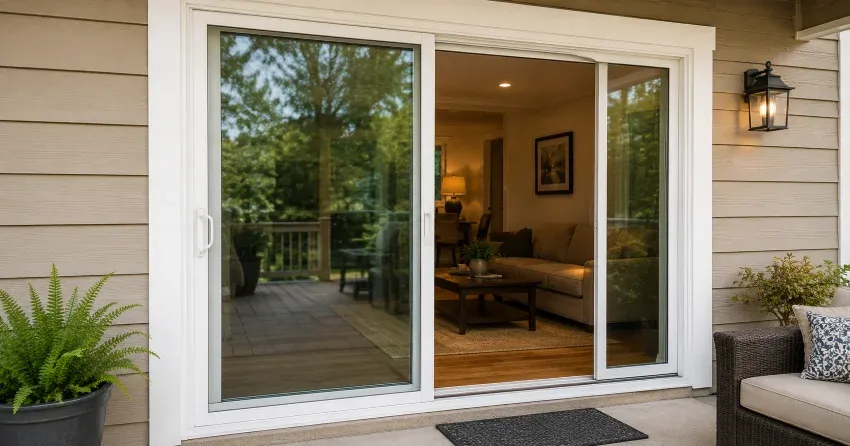 Patio Door Installation technician setting a new frame in Lind, St. Marys