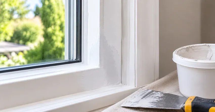 technician repairing rotted window frame corner in St. Marys