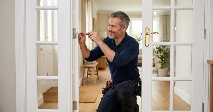 technician adjusting French door hinge for proper alignment in St. Marys Junction, St. Marys