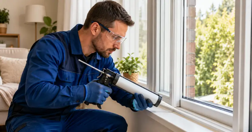 technician repairing window seal and frame in St. Marys