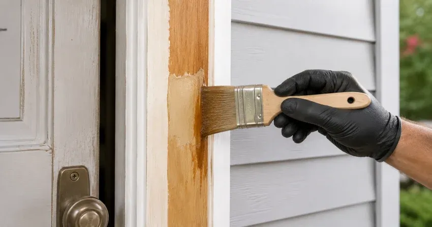 technician probing rotted wood on a door frame in Lind, St. Marys