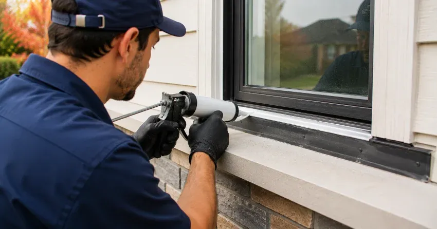technician inspecting window flashing for leak source in St. Marys