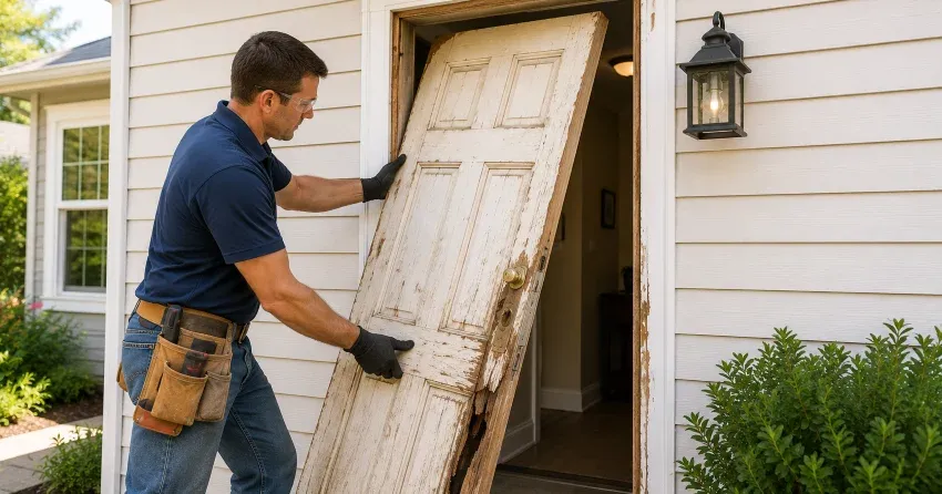 warped exterior door frame showing weather damage in St. Marys
