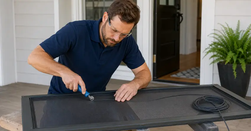 technician replacing screen door mesh and spline in St. Marys Junction, St. Marys